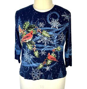 Morning Sun - NWOT Knit Top Women's L Red Cardinal Birds Fir Trees Snowflakes